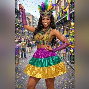 Bibi Metallic Mardi Gras Color Block Mini Skirt, Size L, NWT